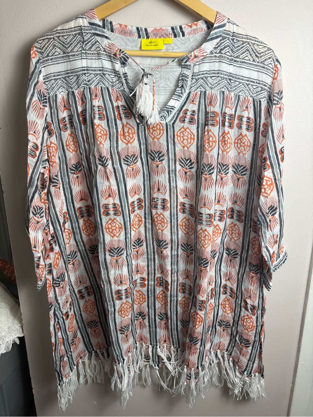 Roller Rabbit White Tunic with Coral & Gray Printed Motif Tassel Details Large